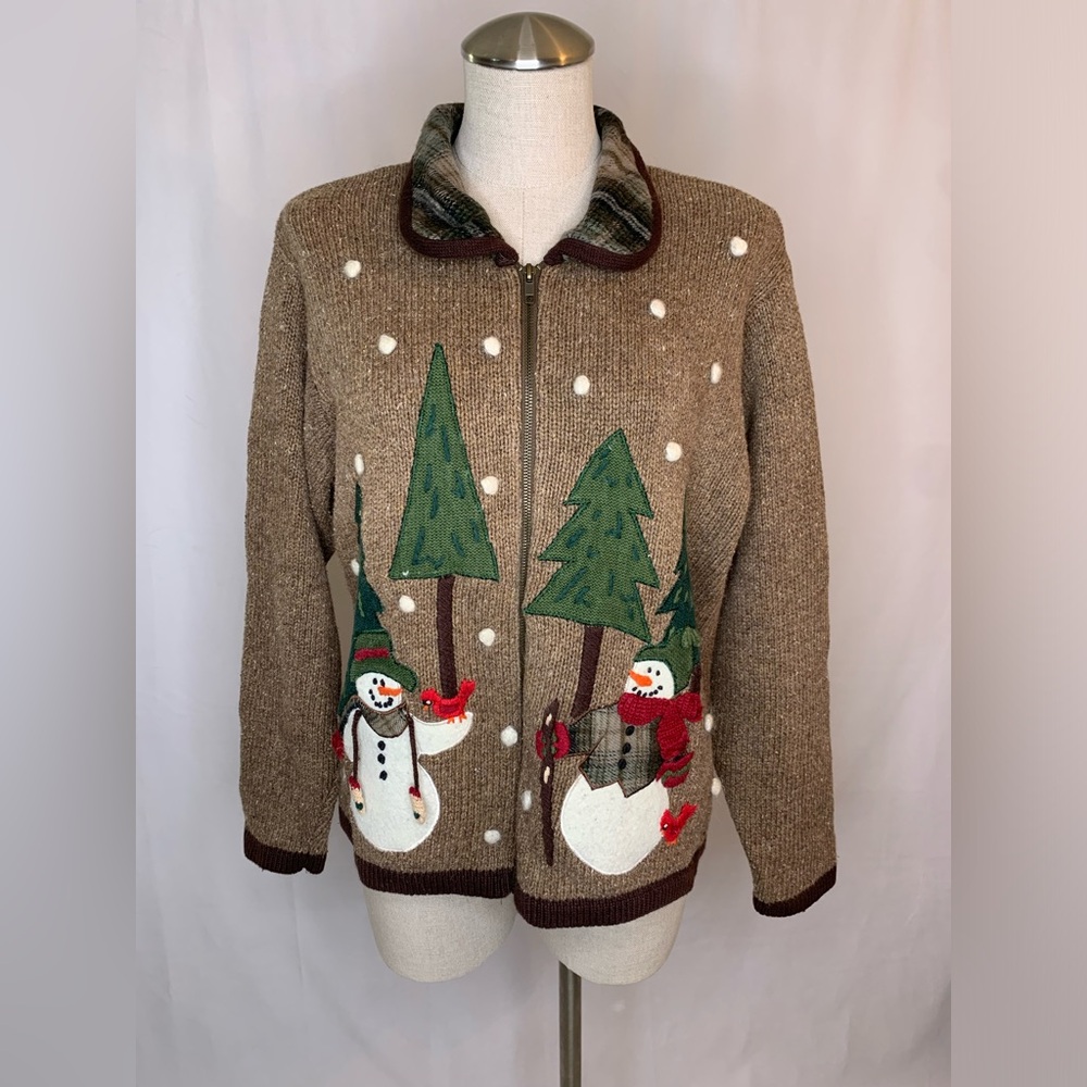 Vintage ugly Christmas sweater winter wonderland zip up cardigan knit snowman L